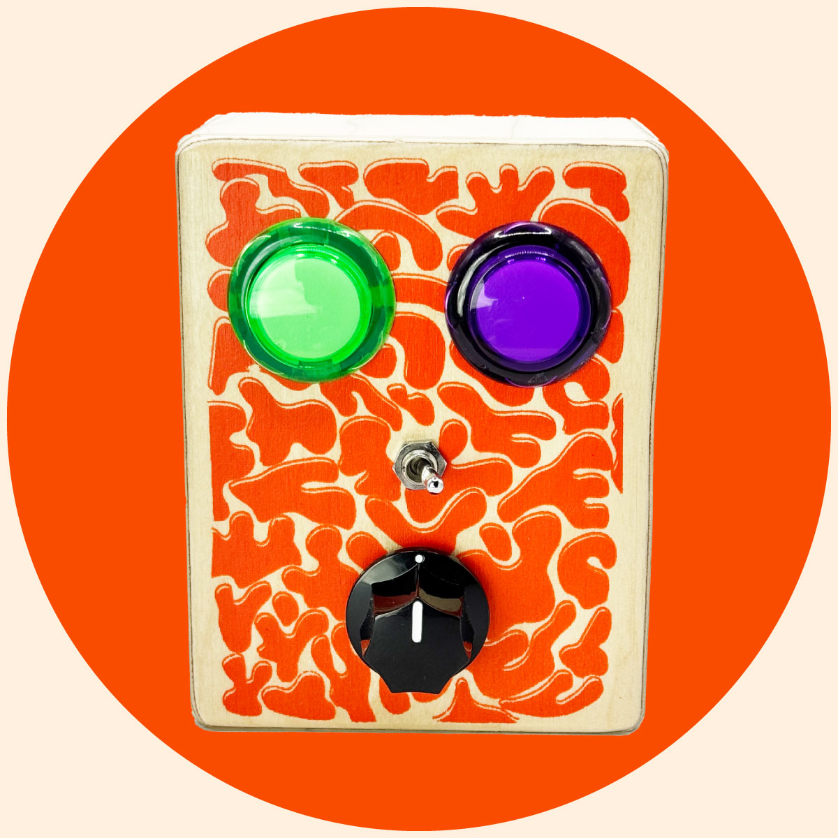 toy like audio  recorder with large purple and green arcade buttons